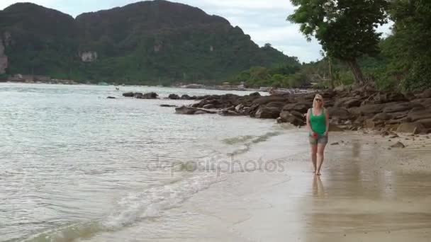 Woman walking alone on wild beach — Stock Video