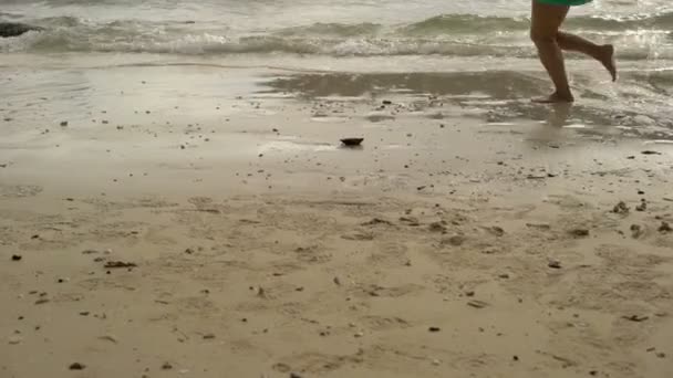 Женщина, идущая одна по пляжу в синем платье — стоковое видео