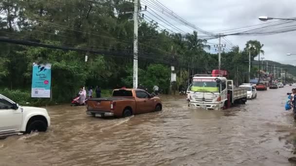 KOH SAMUI, THAILANDIA, 10 GENNAIO 2017: Inondazione su strada, auto in acqua — Video Stock
