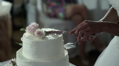 Gelin ve damat düğün pastasını kesiyor