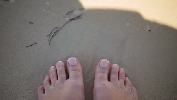 Waves on the beach and woman foot — Stock Video