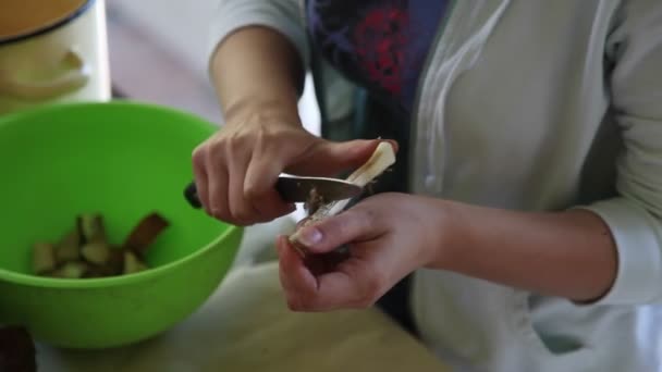 Mulher cortando cogumelo — Vídeo de Stock