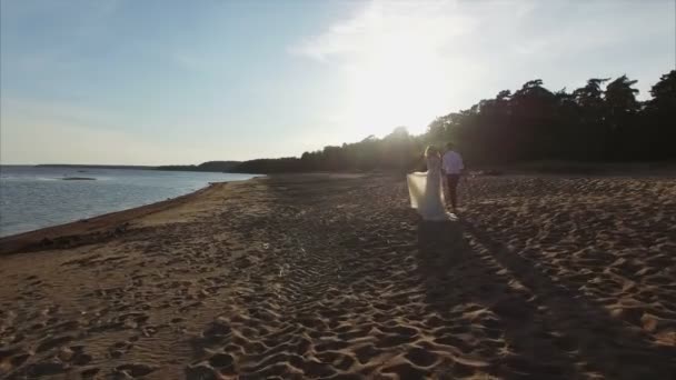 Matrimonio coppia a piedi su una spiaggia. 4K tiro aereo — Video Stock