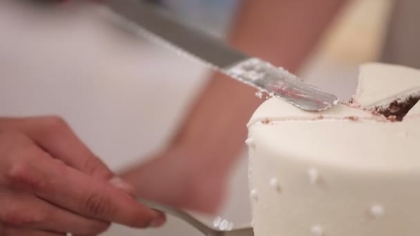 Резка белого торта — стоковое видео