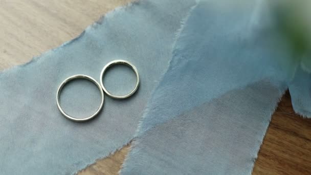 Wedding rings on blue ribbon — Stock Video