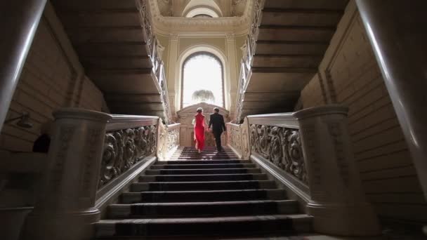 Wedding couple on stairs — Stock Video