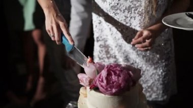 Gelin ve damat düğün pastasını kesiyor