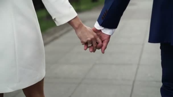 Pasangan muda yang indah berpegangan tangan dan berjalan — Stok Video