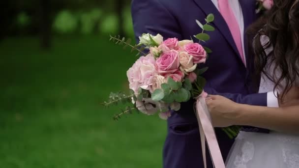 Wedding couple embracing in park — Stock Video