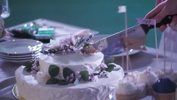 Découpe de gâteau de fête blanche avec couteau — Video