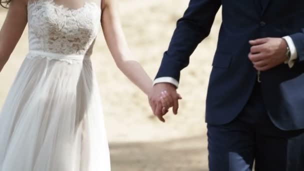 Boda pareja camina en una playa — Vídeos de Stock