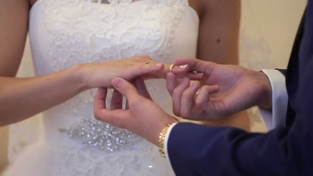 Groom puts on ring to bride hand on ceremony — Stock Video