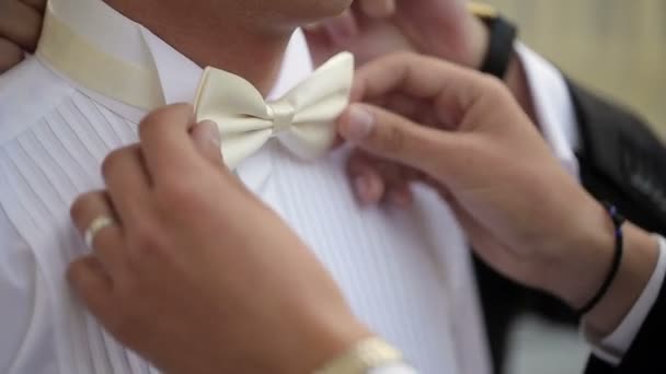 Friend fixing bowtie for the groom — Stock Video