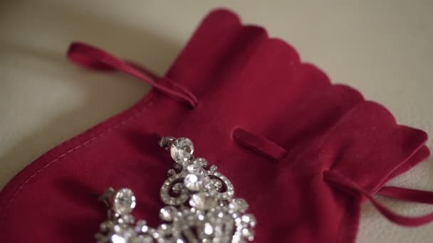 Красивые серьги на красной сумке — стоковое видео