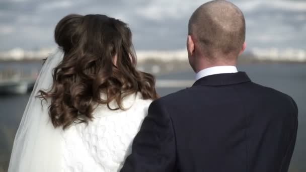 Fiatal szép esküvői pár töltésén — Stock videók