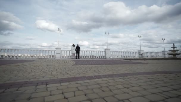 Young lovely wedding couple on embankment — Stock Video