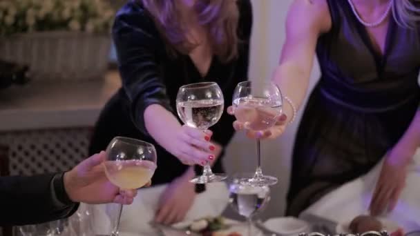 People on party clink glasses — Stock Video