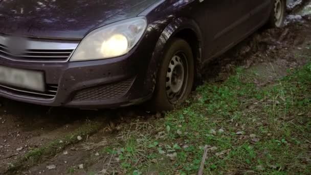 Ωθεί αυτοκινήτου έξω από τη λάσπη — Αρχείο Βίντεο