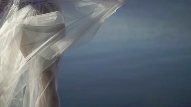 Sarışın genç kadın iç çamaşırı bir iskelede kalacak — Stok video