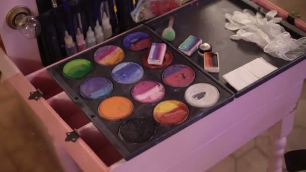 Tintas e escovas para pintura facial — Vídeo de Stock