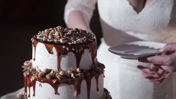 結婚式のカップルの切断のお祝いのケーキ — ストック動画