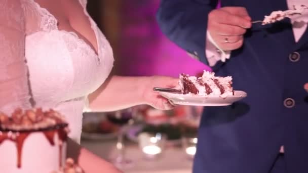 Pareja de boda con pedazo de pastel de celebración — Vídeo de stock