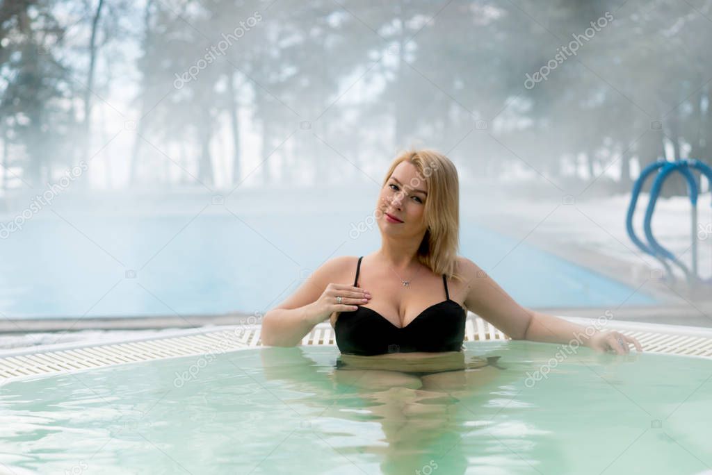 Outdoor bathroom blonde woman