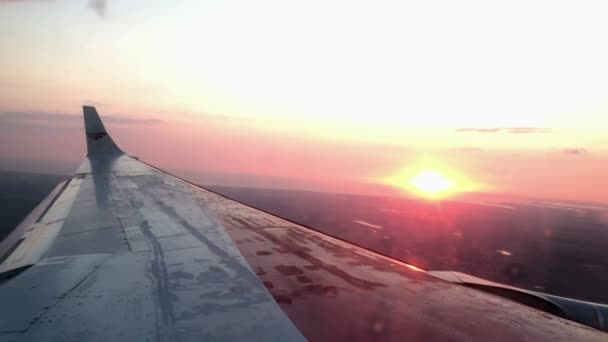 Крило літака на заході сонця — стокове відео