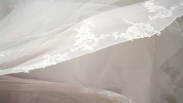 Молодая невеста машет вуалью в ветреный день — стоковое видео