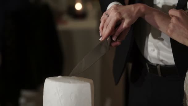 Наречений і наречений ріже весільний торт — стокове відео