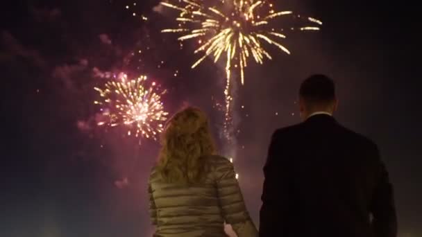 Braut und Bräutigam betrachten Feuerwerk — Stockvideo