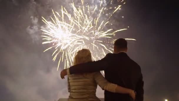 Noiva e noivo olhando para fogos de artifício — Vídeo de Stock