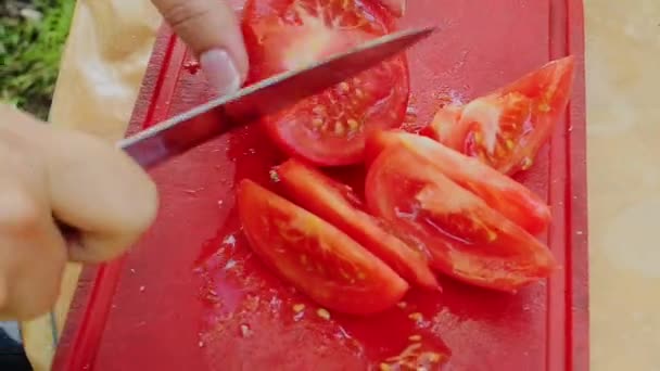 Corte de tomates com faca — Vídeo de Stock