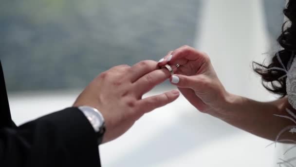Наречений і наречений обмінюються обручками — стокове відео