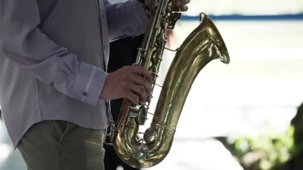 Саксофонист играет музыку — стоковое видео