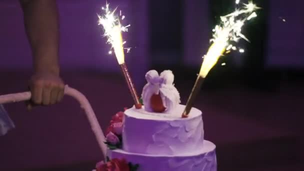 花火とパーティーでお祝いのケーキ — ストック動画