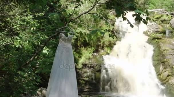 Robe de mariée près de cascade 