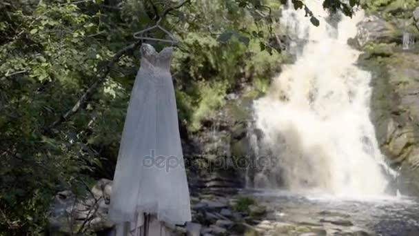 Robe de mariée près de cascade 