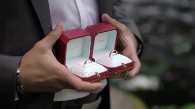Karelya, Rusya - 14 Ağustos 2017: Cartier kırmızı kutuları olan takım elbiseli adam