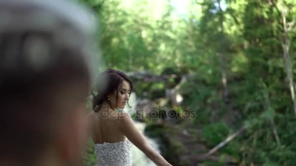 Bride circling and waving dress near waterfall — Stock Video