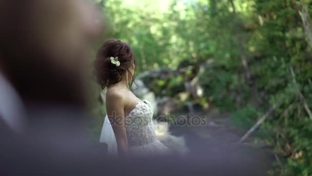 Bride circling and waving dress near waterfall — Stock Video