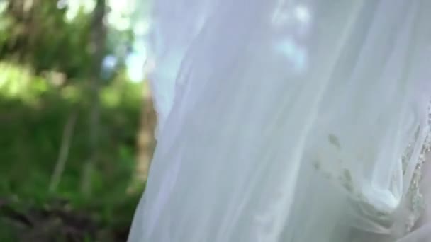 Braut kreist und schwenkt Kleid nahe Wasserfall — Stockvideo