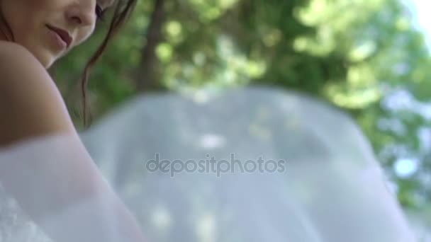 Bruid cirkelen en zwaaien jurk in de buurt van de waterval — Stockvideo