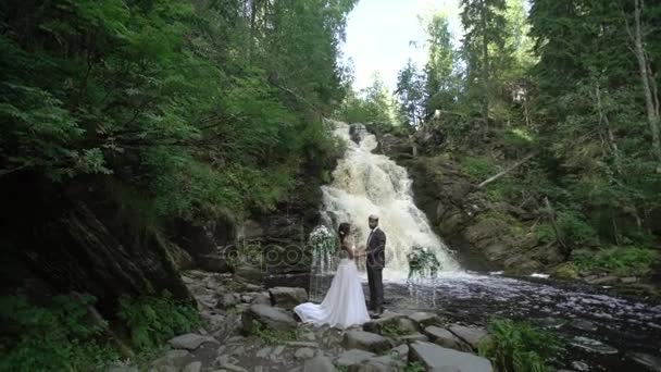 Jeune couple de mariage à la cérémonie près de la cascade 