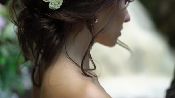 Jeune couple de mariage à la cérémonie près de la cascade — Video