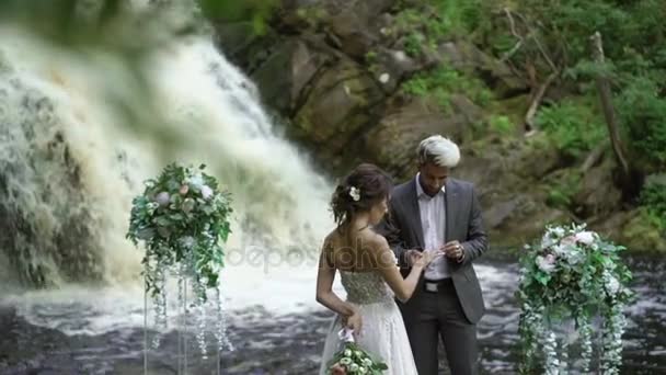 Para młoda ślub wymiana pierścieni ceremonii w pobliżu wodospad — Wideo stockowe