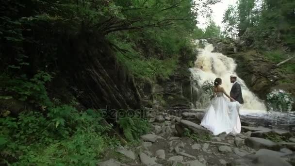 Jeune couple de mariage à la cérémonie près de la cascade 