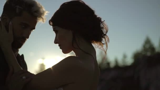 Et ungt, vakkert par som klemmer silhuett – stockvideo