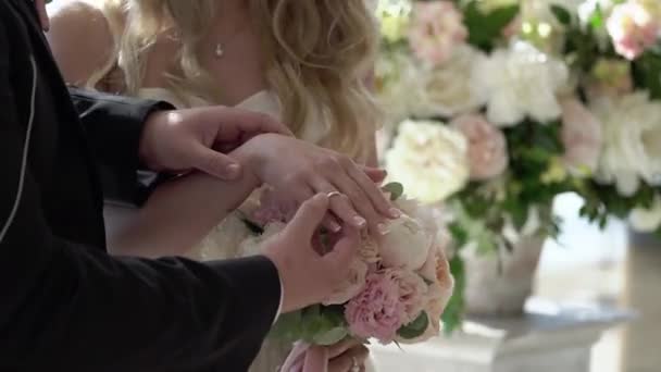 Noiva e noivo trocando anéis de casamento — Vídeo de Stock