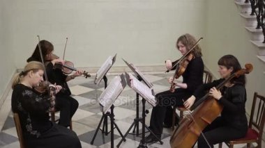 Saint-Petersburg, Rusya-1 Ekim 2017: Yaylı aletler oynayan kadın gurup